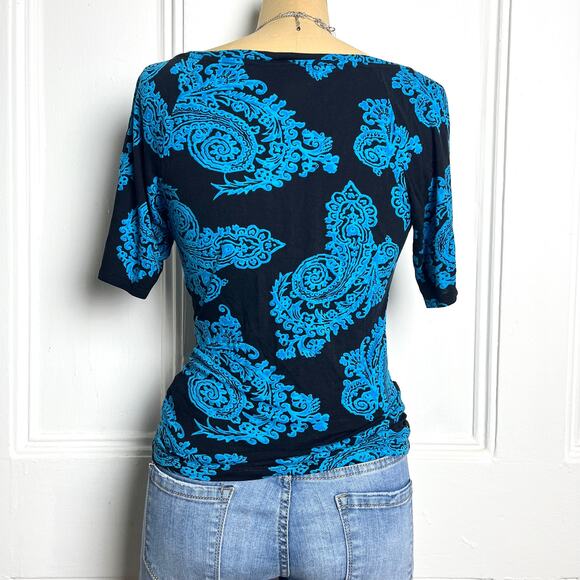 Inc short sleeve black and blue paisley print top with high cowl neckline - Picture 5 of 6